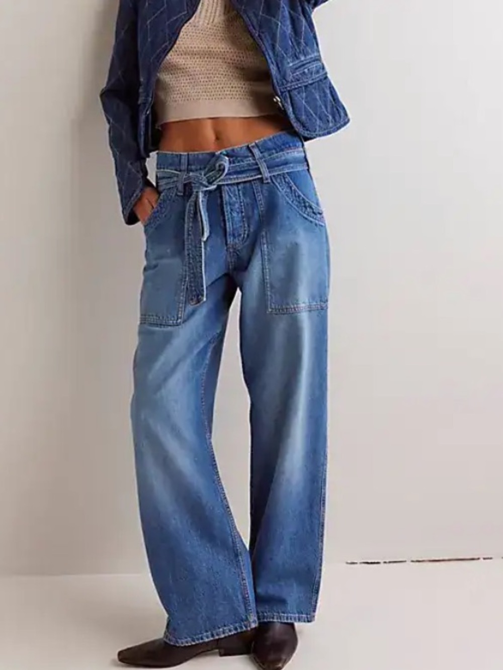 Free People We The Free Blue Jay Belted Boyfriend Jeans